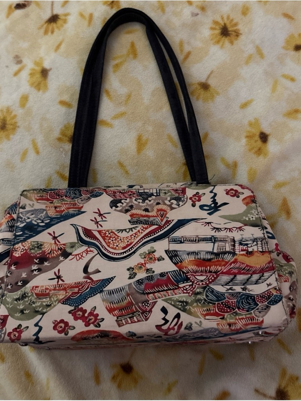 & Other Stories Multicolor Floral-Pattern Canvas Tote with Black Handles